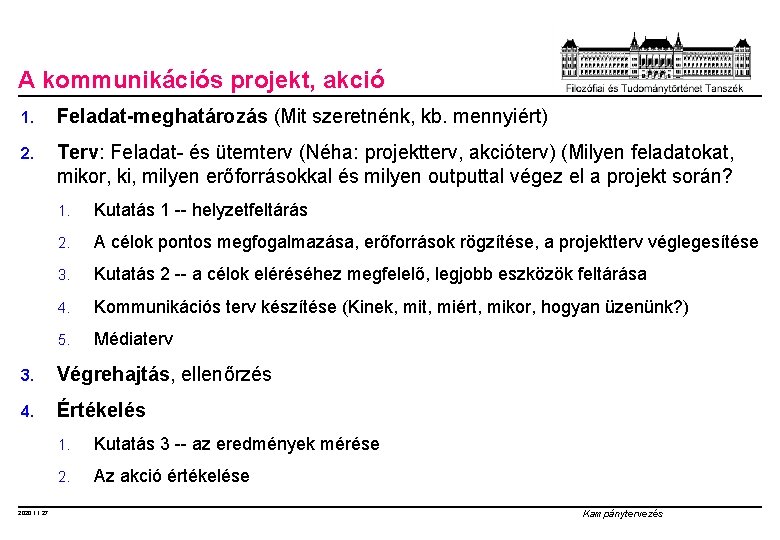 A kommunikációs projekt, akció 1. Feladat-meghatározás (Mit szeretnénk, kb. mennyiért) 2. Terv: Feladat- és