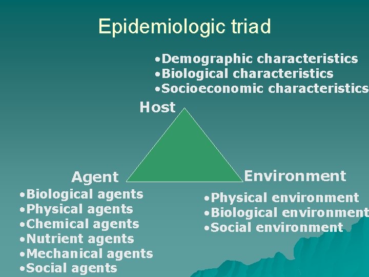 Epidemiologic triad • Demographic characteristics • Biological characteristics • Socioeconomic characteristics Host Agent •