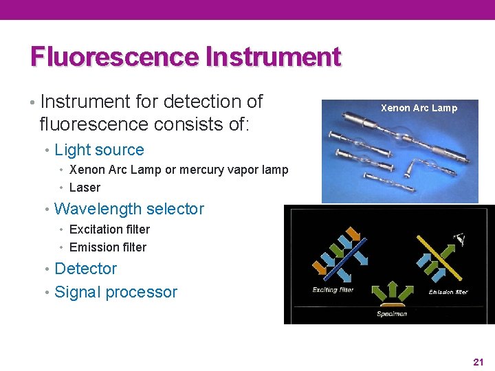 Fluorescence Instrument • Instrument for detection of Xenon Arc Lamp fluorescence consists of: •