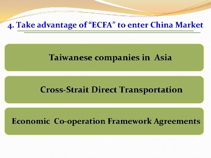 4. Take advantage of “ECFA” to enter China Market Taiwanese companies in Asia Cross-Strait