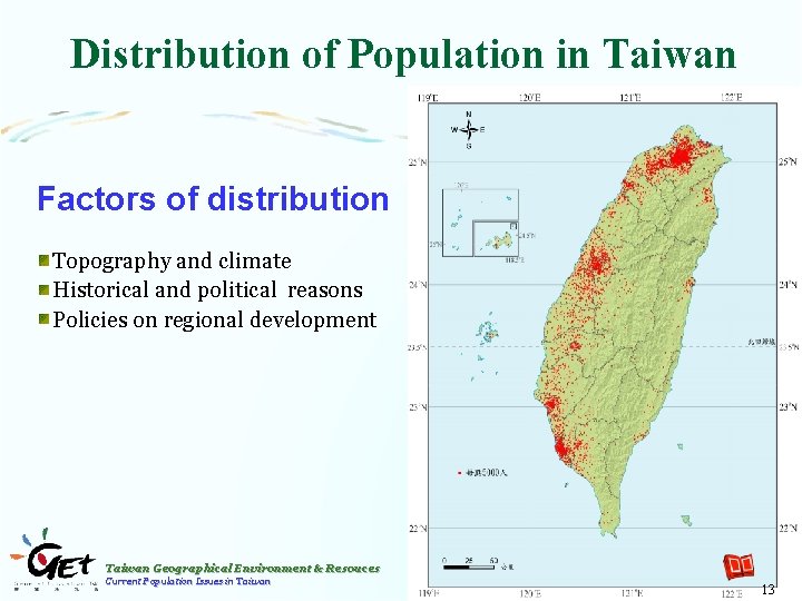 Distribution of Population in Taiwan Factors of distribution Topography and climate Historical and political