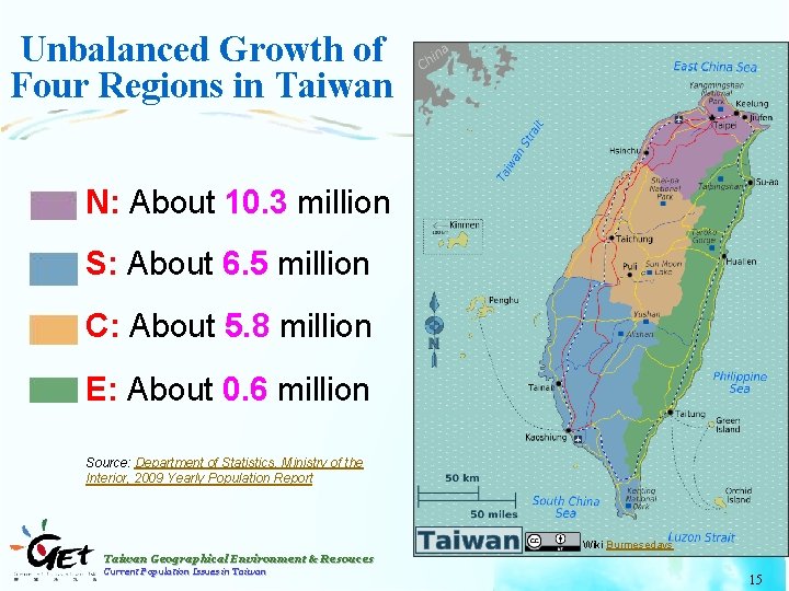 Unbalanced Growth of Four Regions in Taiwan N: About 10. 3 million S: About