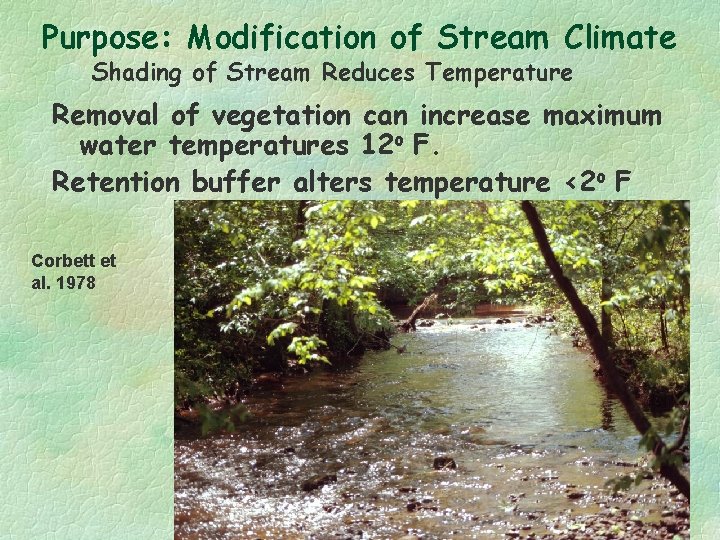 Purpose: Modification of Stream Climate Shading of Stream Reduces Temperature Removal of vegetation can