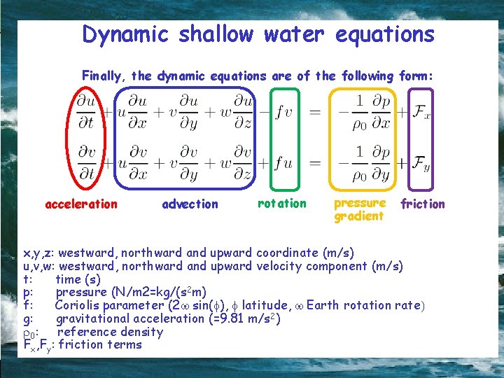 Dynamic shallow water equations Finally, the dynamic equations are of the following form: acceleration