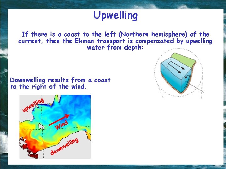 Upwelling If there is a coast to the left (Northern hemisphere) of the current,