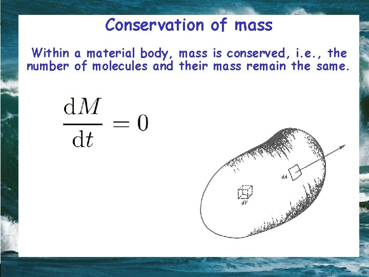 Conservation of mass Within a material body, mass is conserved, i. e. , the