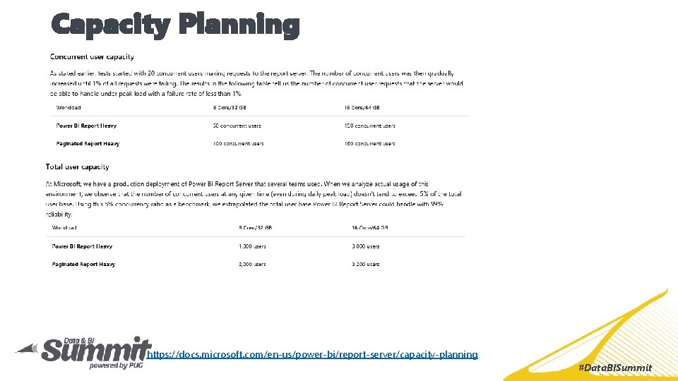 Capacity Planning https: //docs. microsoft. com/en-us/power-bi/report-server/capacity-planning #Data. BISummit 