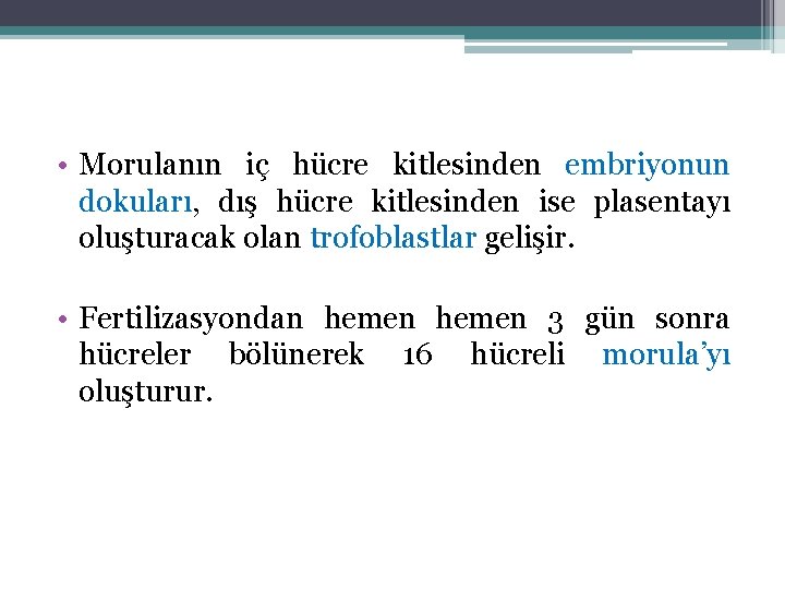  • Morulanın iç hücre kitlesinden embriyonun dokuları, dış hücre kitlesinden ise plasentayı oluşturacak