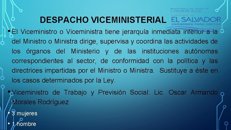 DESPACHO VICEMINISTERIAL • El Viceministro o Viceministra tiene jerarquía inmediata inferior a la del