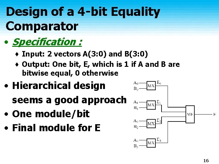 Design of a 4 -bit Equality Comparator • Specification : ♦ Input: 2 vectors Design of a 4 -bit Equality Comparator • Specification : ♦ Input: 2 vectors