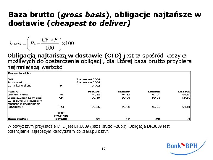 Baza brutto (gross basis), obligacje najtańsze w dostawie (cheapest to deliver) Obligacją najtańszą w