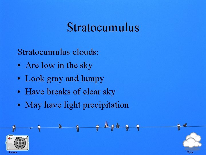 Stratocumulus clouds: • Are low in the sky • Look gray and lumpy •
