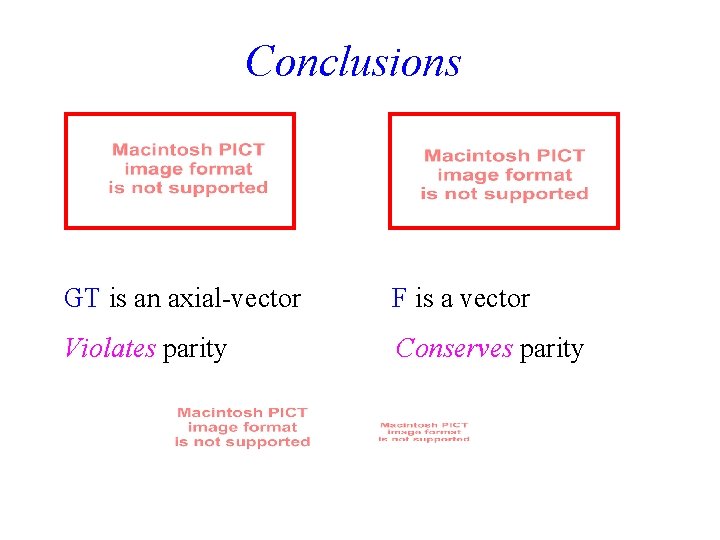 Conclusions GT is an axial-vector F is a vector Violates parity Conserves parity 
