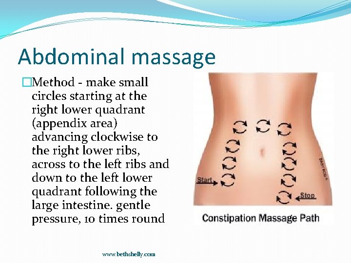 Abdominal massage �Method - make small circles starting at the right lower quadrant (appendix