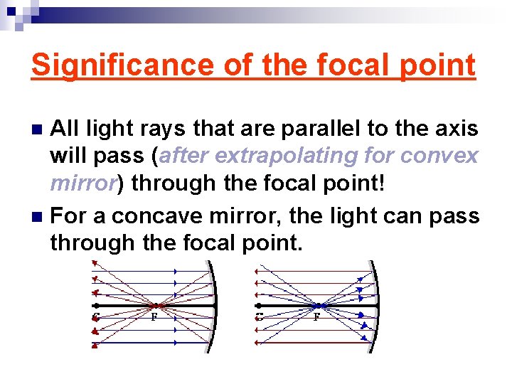 Significance of the focal point All light rays that are parallel to the axis