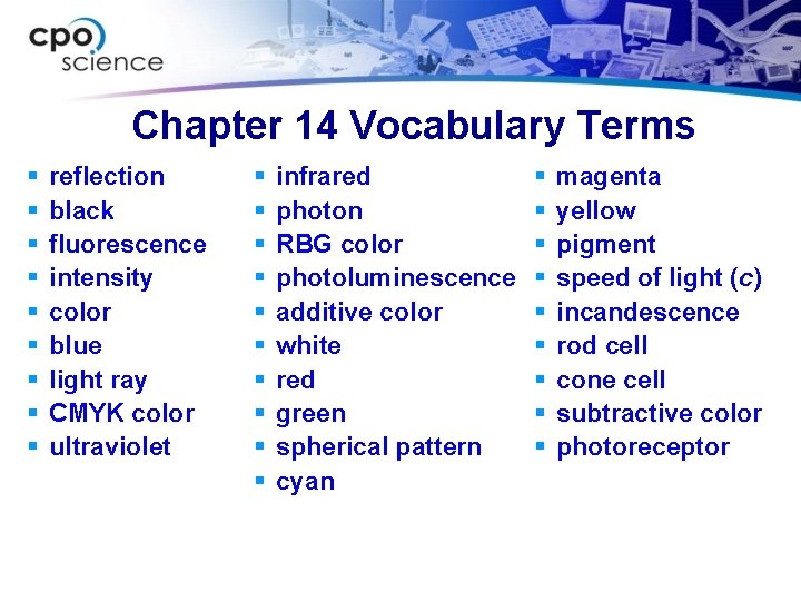 Chapter 14 Vocabulary Terms § § § § § reflection black fluorescence intensity color
