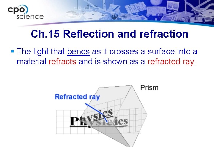 Ch. 15 Reflection and refraction § The light that bends as it crosses a