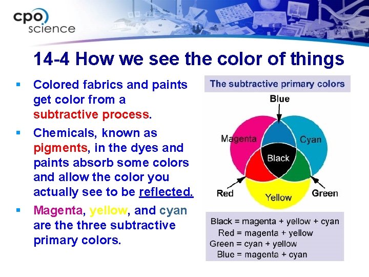 14 -4 How we see the color of things § Colored fabrics and paints