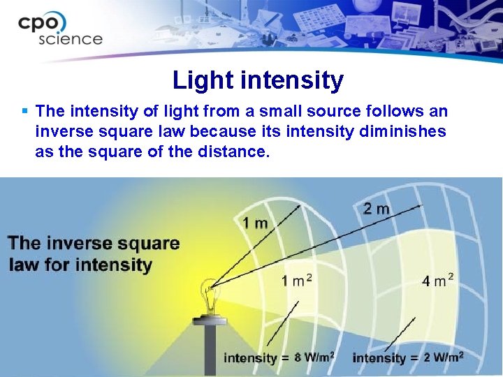 Light intensity § The intensity of light from a small source follows an inverse