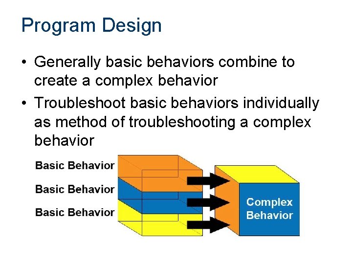Program Design • Generally basic behaviors combine to create a complex behavior • Troubleshoot