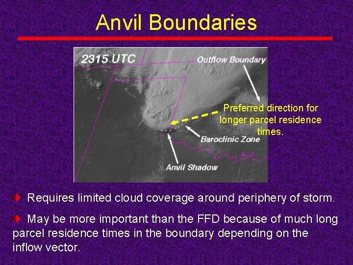 Anvil Boundaries Preferred direction for longer parcel residence times. Requires limited cloud coverage around