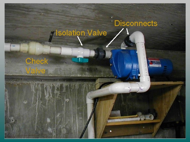 Disconnects Pump and check valve Isolation Valve Check Valve 
