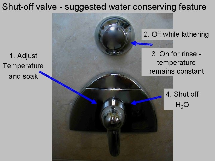 Shut-off valve - suggested water conserving feature Shut-off valve 1. Adjust Temperature and soak