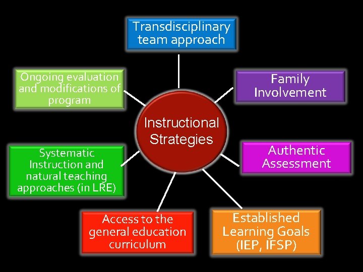 Transdisciplinary team approach Ongoing evaluation and modifications of program Systematic Instruction and natural teaching