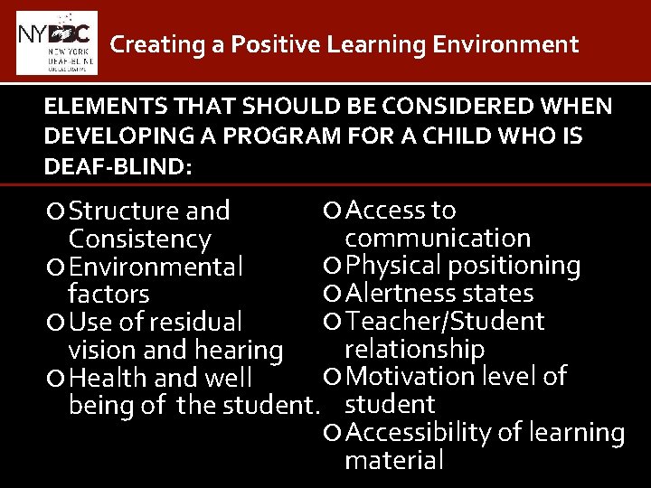 Creating a Positive Learning Environment ELEMENTS THAT SHOULD BE CONSIDERED WHEN DEVELOPING A PROGRAM