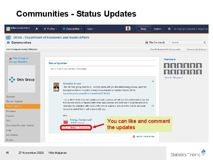 Communities - Status Updates You can like and comment the updates 15 27 November