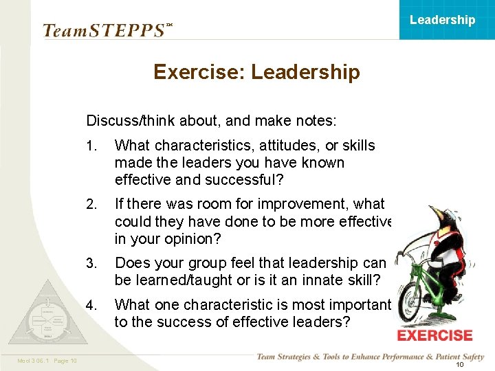 Leadership ™ Exercise: Leadership Discuss/think about, and make notes: Mod 3 06. 1 Page