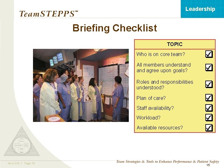 Leadership ™ Briefing Checklist TOPIC Who is on core team? All members understand agree