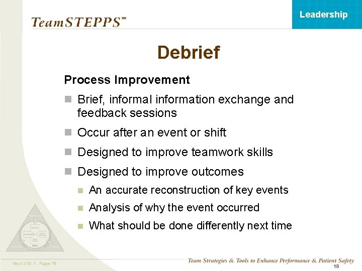 Leadership ™ Debrief Process Improvement n Brief, informal information exchange and feedback sessions n