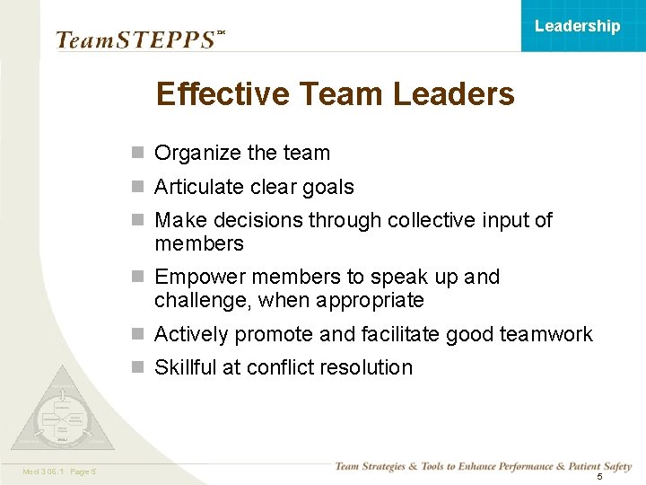 Leadership ™ Effective Team Leaders n Organize the team n Articulate clear goals n