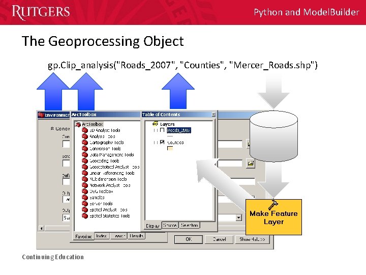 Python and Model. Builder The Geoprocessing Object gp. Clip_analysis("Roads_2007", "Counties", "Mercer_Roads. shp") Continuing Education