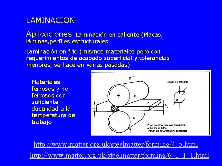 LAMINACION Aplicaciones Laminación en caliente (Placas, láminas, perfiles estructurales Laminación en frio (mismos materiales