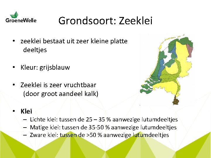 Grondsoort: Zeeklei • zeeklei bestaat uit zeer kleine platte deeltjes • Kleur: grijsblauw •