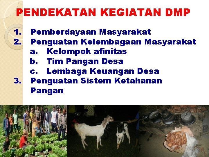 PENDEKATAN KEGIATAN DMP 1. 2. 3. Pemberdayaan Masyarakat Penguatan Kelembagaan Masyarakat a. Kelompok afinitas