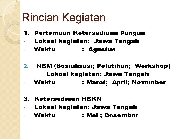 Rincian Kegiatan 1. Pertemuan Ketersediaan Pangan Lokasi kegiatan: Jawa Tengah Waktu : Agustus 2.