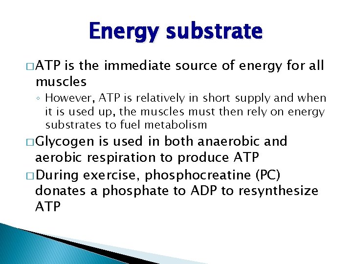 Energy substrate � ATP is the immediate source of energy for all muscles ◦ Energy substrate � ATP is the immediate source of energy for all muscles ◦