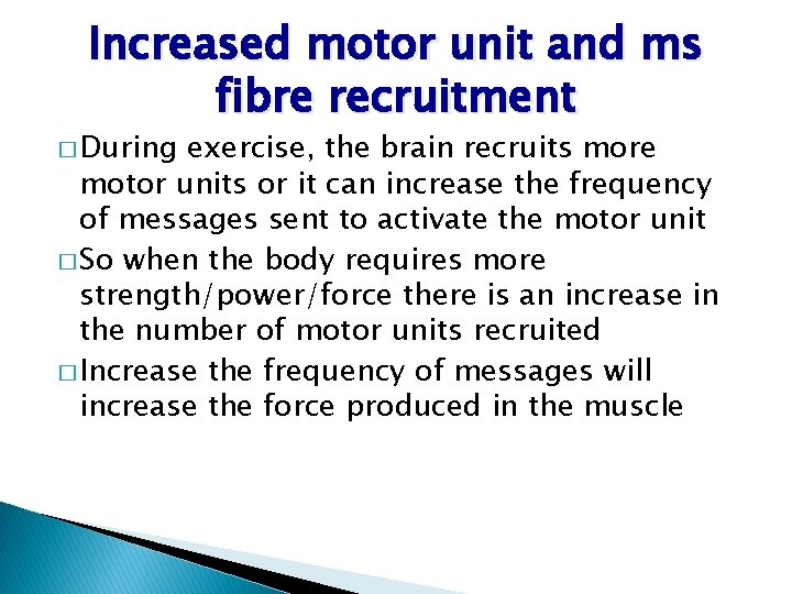 Increased motor unit and ms fibre recruitment � During exercise, the brain recruits more Increased motor unit and ms fibre recruitment � During exercise, the brain recruits more