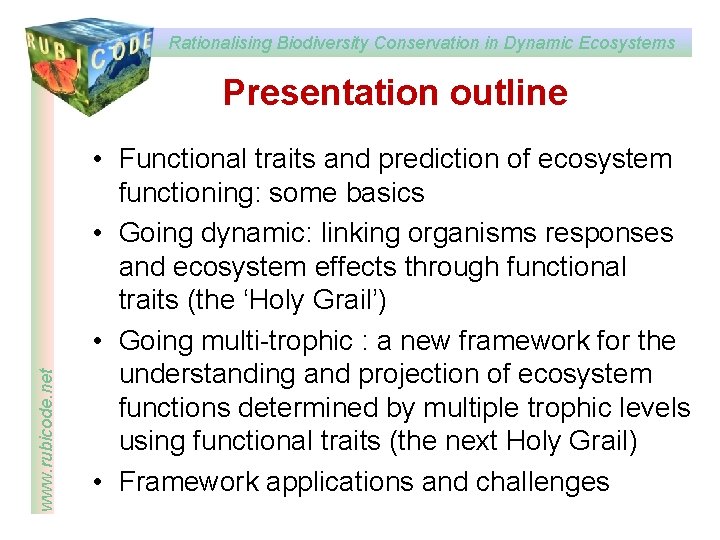 Rationalising Biodiversity Conservation in Dynamic Ecosystems www. rubicode. net Presentation outline • Functional traits