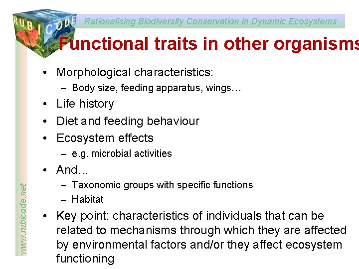 Rationalising Biodiversity Conservation in Dynamic Ecosystems Functional traits in other organisms • Morphological characteristics:
