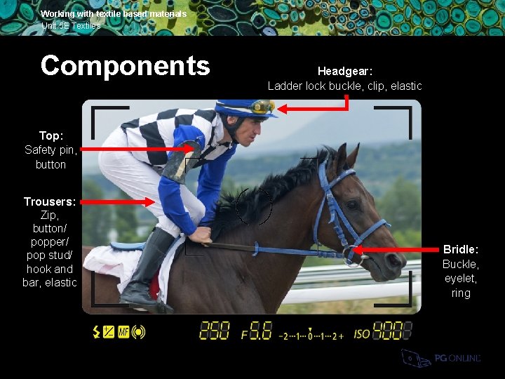 Working with textile based materials Unit 5 E Textiles Components Headgear: Ladder lock buckle,