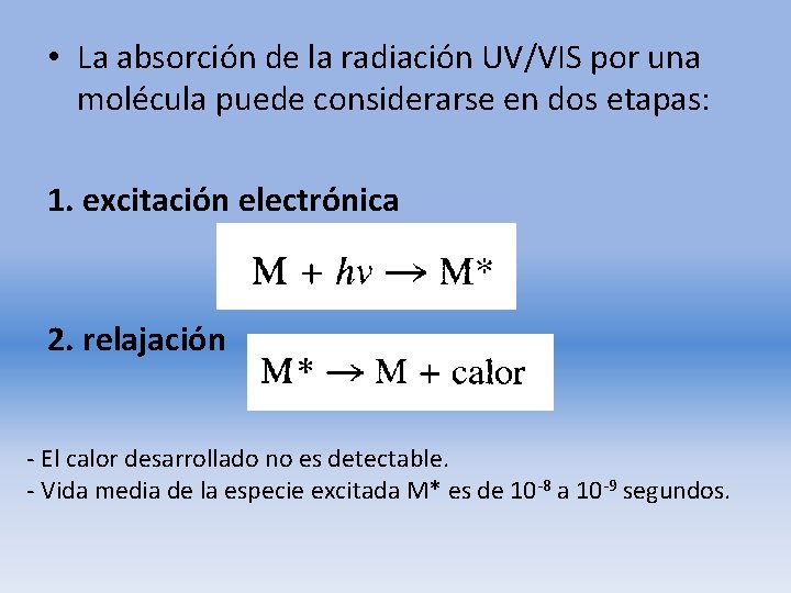  • La absorción de la radiación UV/VIS por una molécula puede considerarse en