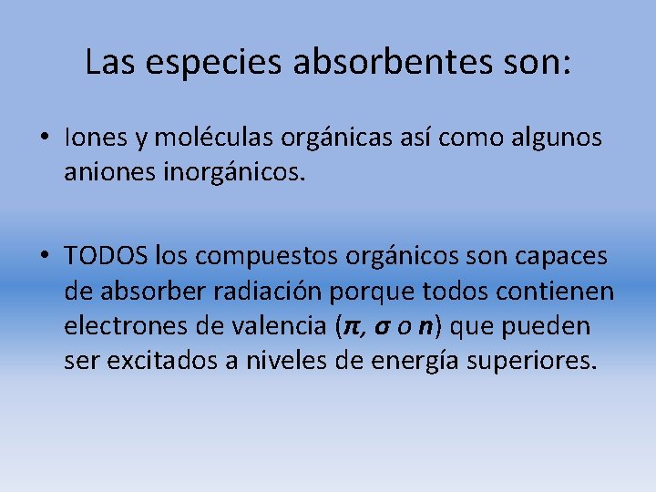 Las especies absorbentes son: • Iones y moléculas orgánicas así como algunos aniones inorgánicos.