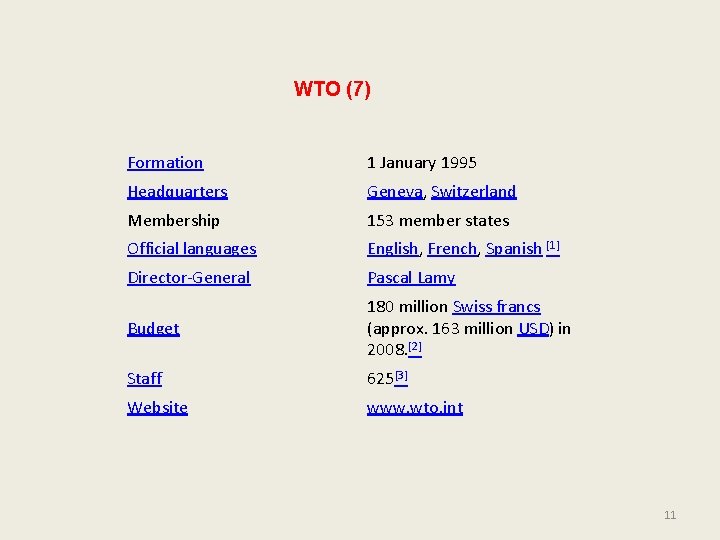 WTO (7) Formation 1 January 1995 Headquarters Geneva, Switzerland Membership 153 member states Official WTO (7) Formation 1 January 1995 Headquarters Geneva, Switzerland Membership 153 member states Official