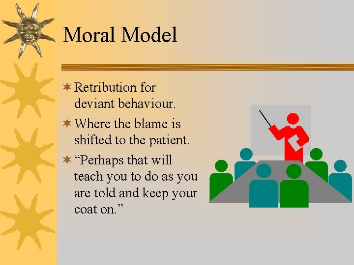 Moral Model ¬ Retribution for deviant behaviour. ¬ Where the blame is shifted to