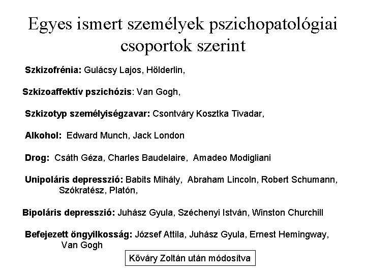 Egyes ismert személyek pszichopatológiai csoportok szerint Szkizofrénia: Gulácsy Lajos, Hölderlin, Szkizoaffektív pszichózis: Van Gogh,