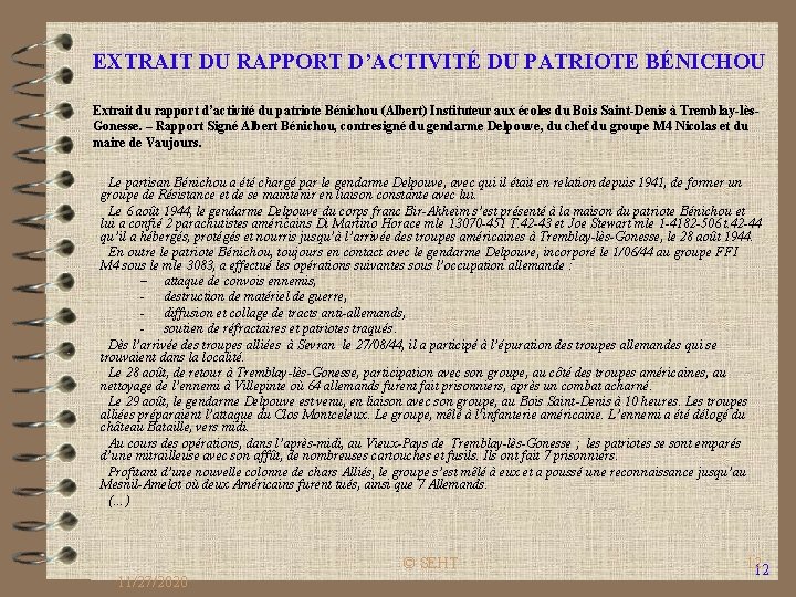 EXTRAIT DU RAPPORT D’ACTIVITÉ DU PATRIOTE BÉNICHOU Extrait du rapport d’activité du patriote Bénichou